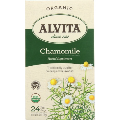 ALVITA: Organic Chamomile Tea Caffeine Free, Gluten Free, Herbal Supplement, 24 Tea Bags