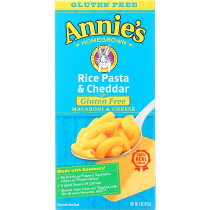 ANNIE\'S HOMEGROWN: Gluten Free Rice Pasta and Cheddar Mac and Cheese, 6 oz