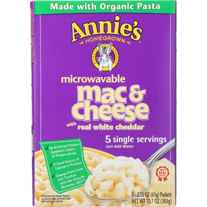 ANNIE\'S HOMEGROWN: Macaroni and Cheese with Real White Cheddar 5 Single Servings, 10.7 Oz