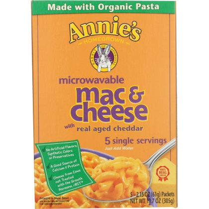 ANNIE\'S HOMEGROWN: Microwavable Macaroni & Cheese with Real Aged Cheddar 5 Single Servings, 10.7 Oz