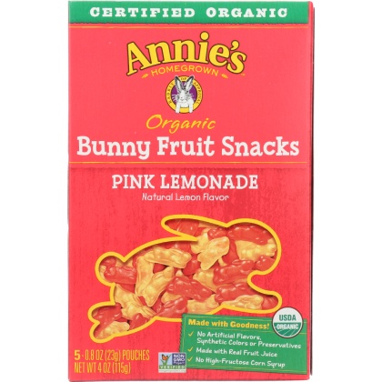 ANNIE\'S HOMEGROWN: Organic Bunny Fruit Snack Pink Lemonade, 4 Oz