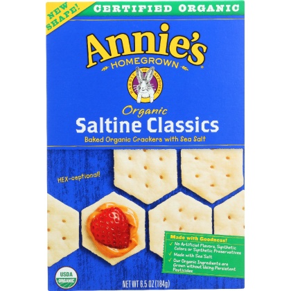 ANNIE\'S HOMEGROWN: Organic Saltine Classics Baked Organic Crackers with Sea Salt, 6.5 oz