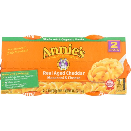 ANNIE\'S HOMEGROWN: Real Aged Cheddar Microwavable Macaroni & Cheese Cup 2 Pack, 4.02 oz