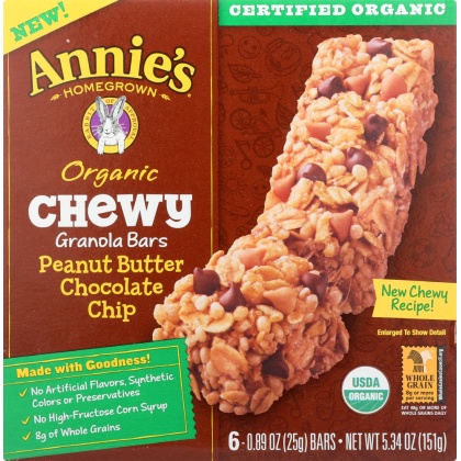 ANNIES HOMEGROWN: Organic Chewy Granola Bars Peanut Butter Chocolate Chip 6 pk, 5.34 oz