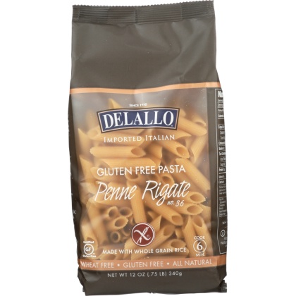 DELALLO: Gluten Free Whole Grain Rice Penne Rigate, Wheat-Free, 12 oz