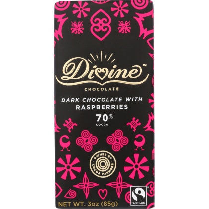 DIVINE CHOCOLATE: 70% Dark Chocolate Bar with Raspberries, 3 oz