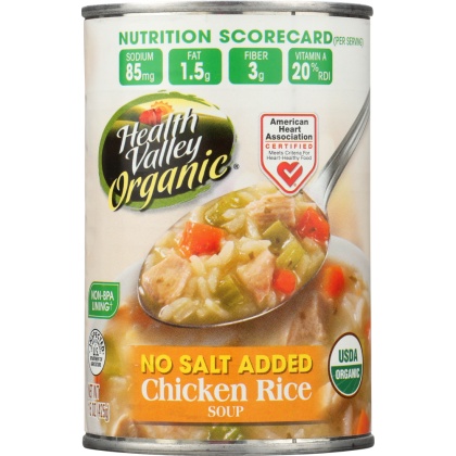 HEALTH VALLEY: Organic Chicken Rice Soup No Salt Added, 15 oz