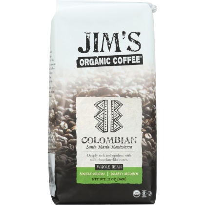 JIM\'S ORGANIC COFFEE: Whole Bean Colombian, 12 oz