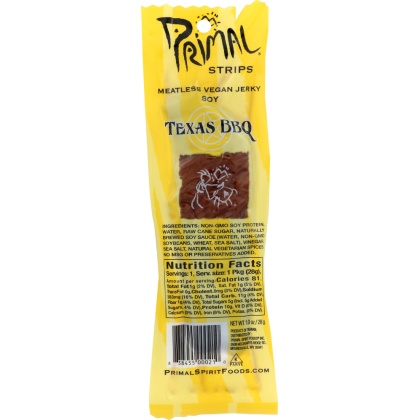 PRIMAL STRIPS: Meatless Vegan Jerky Soya Texas BBQ, 1 oz