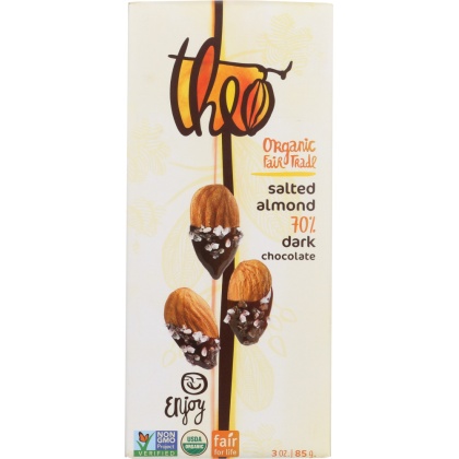 Theo Chocolate Organic Dark Chocolate Bar Salted Almond, 3 oz