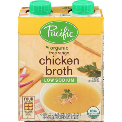 PACIFIC FOODS: Organic Free Range Chicken Broth Low Sodium 4 count (8 oz each), 32 oz
