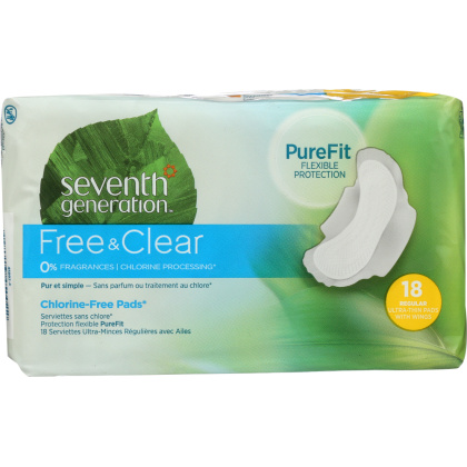 SEVENTH GENERATION: Chlorine Free Ultra-Thin Pads Regular with Wings, 18 Pads