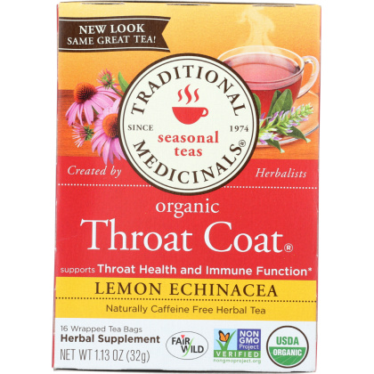 TRADITIONAL MEDICINALS: Organic Throat Coat Lemon Echinacea Herbal Tea 16 Tea Bags, 1.13 oz