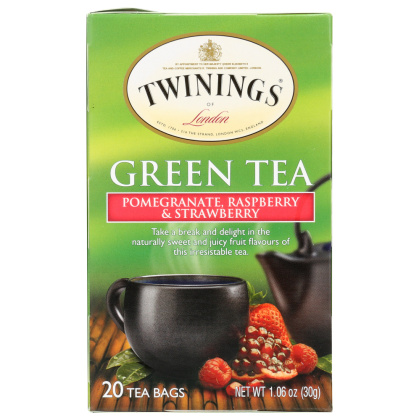 TWININGS OF LONDON: Green Tea Pomegranate Raspberry & Strawberry, 20 Tea Bags, 1.06 Oz