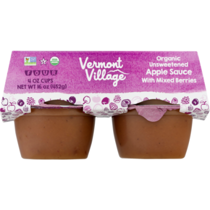 VERMONT VILLAGE CANNERY: Organic Unsweetened Applesauce with Mixed Berries Cups, 16 oz
